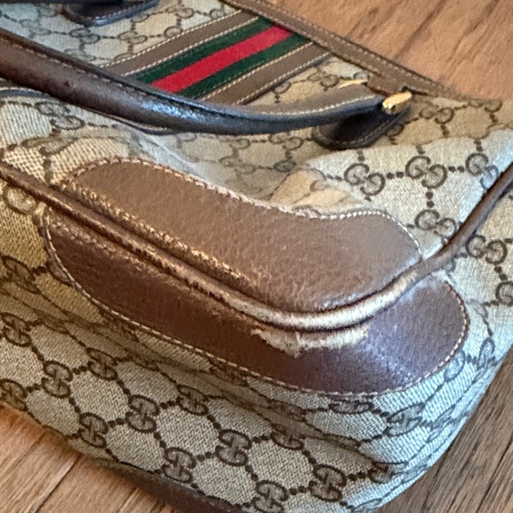 Vintage Gucci Boston Bag Beige and Brown Canvas Handbag with Green-Red Stripe - Picture 7 of 11